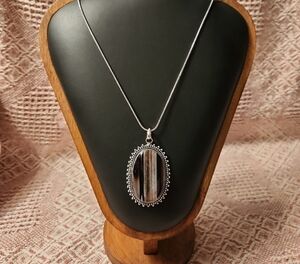 German Silver Banded Onyx Oval Pendant Necklace